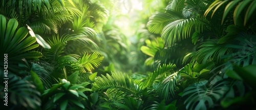 Background Tropical. The rainforest's lush foliage forms a green mosaic of broad leaves, fronds, and vines, each competing for space and sunlight. photo