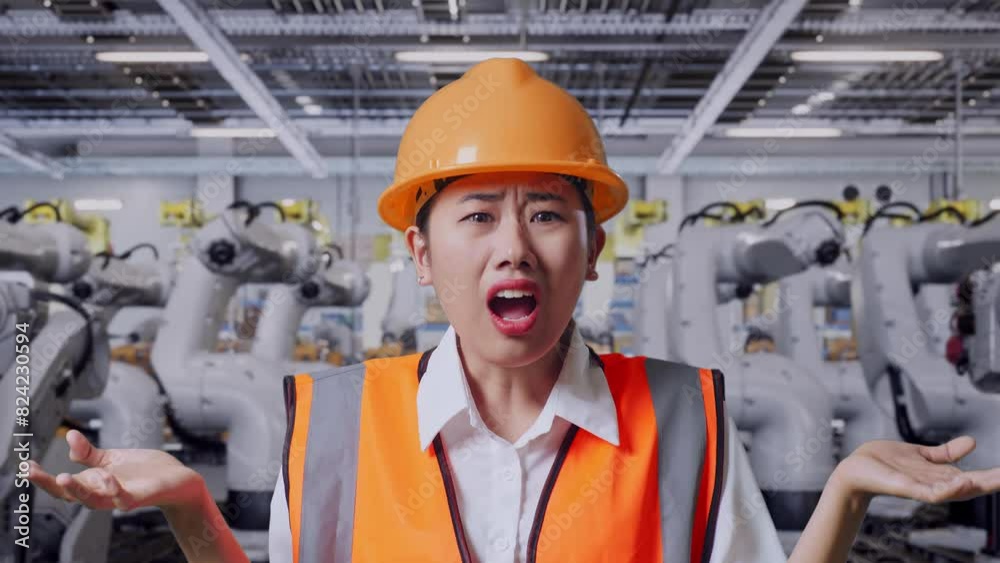 Close Up Of Wondering Asian Female Engineer With Safety Helmet Saying Why Working Doubtfully With Robotic Arms Close Up Of Wondering Asian Female Engineer With Safety Helmet Saying Why Working Doubtfully With Robotic Arms
