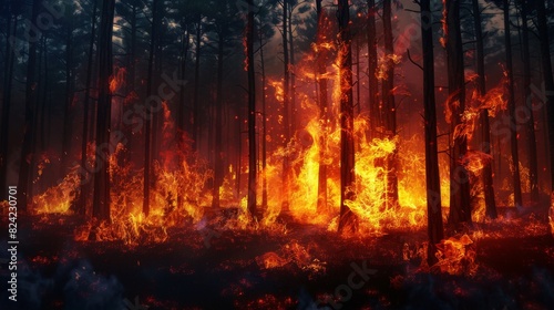 Devastating forest fire burning trees, wildfire destruction. Flames engulfing trees, smoke rising from a burning forest.