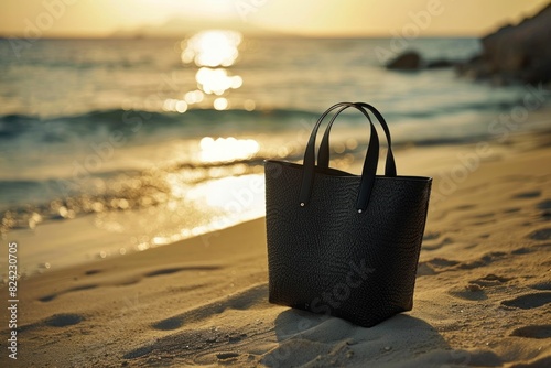 Sunset beach black tote bag travel fashion style beauty ocean vacation trip summer relaxation sunrise photo