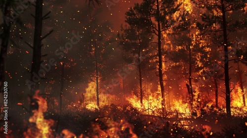 Devastating forest fire burning trees  wildfire destruction. Flames engulfing trees  smoke rising from a burning forest.