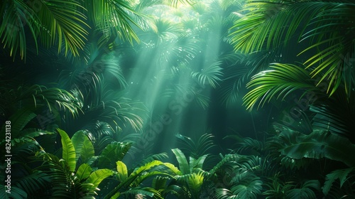 Background Tropical. Amidst dense foliage  the rainforest air is filled with the rich scent of damp earth and blooming orchids  each leaf sparkling with dew.