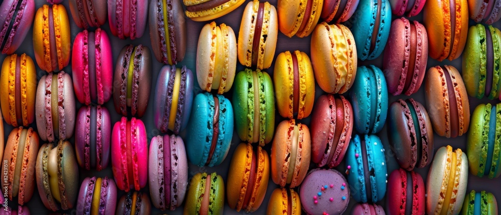 Colorful macaron display for bakery, cafe, or dessert menu. Vibrant colors, round shape, and smooth texture of macarons.