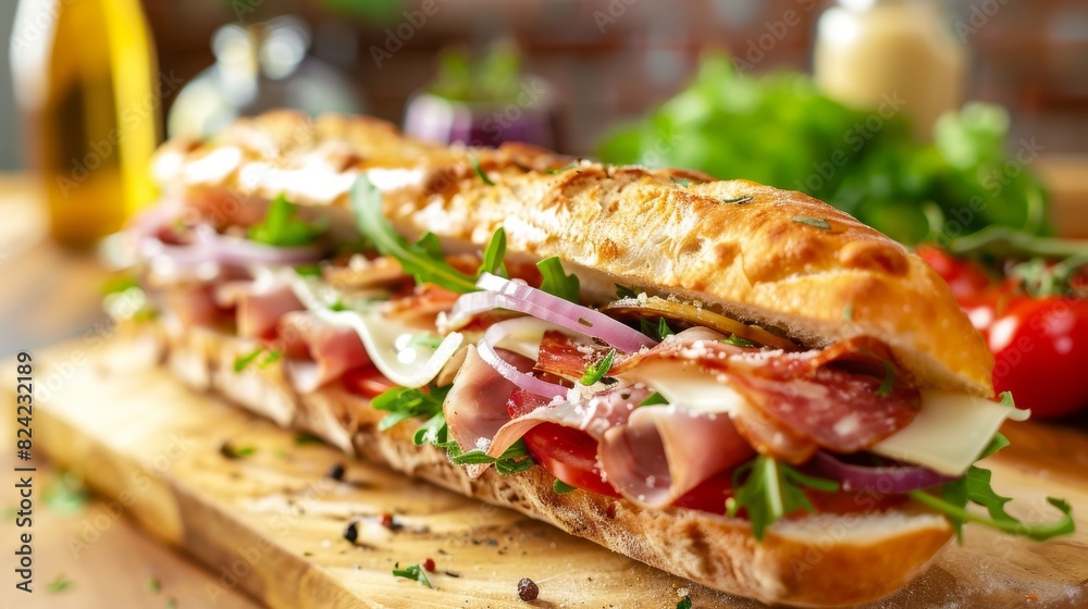 Hearty Italian sub sandwich piled high with meats and cheeses. Ciabatta bread, salami, prosciutto, mortadella, provolone cheese. Hearty Italian sub sandwich piled high with meats and cheeses. Ciabatta bread, salami, prosciutto, mortadella, provolone cheese.
