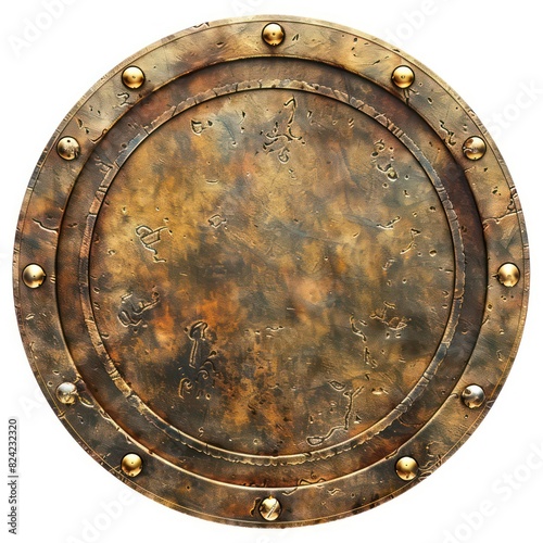 illustration of a medieval metal gold round shield on a white background