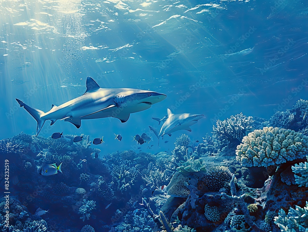 The delicate balance of predator and prey on the Great Barrier Reef, with sharks and barracudas patrolling the waters while smaller fish seek shelter among the coral formations to avoid becoming 