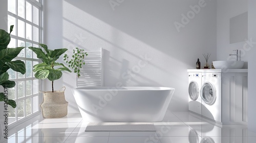Wallpaper Mural White-colored bathroom interior featuring bathtub and washing machine against white wall Torontodigital.ca