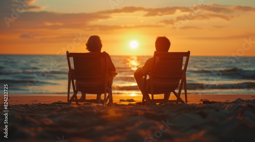  Silhouettes of senior couple sitting in beach chairs, facing the ocean.