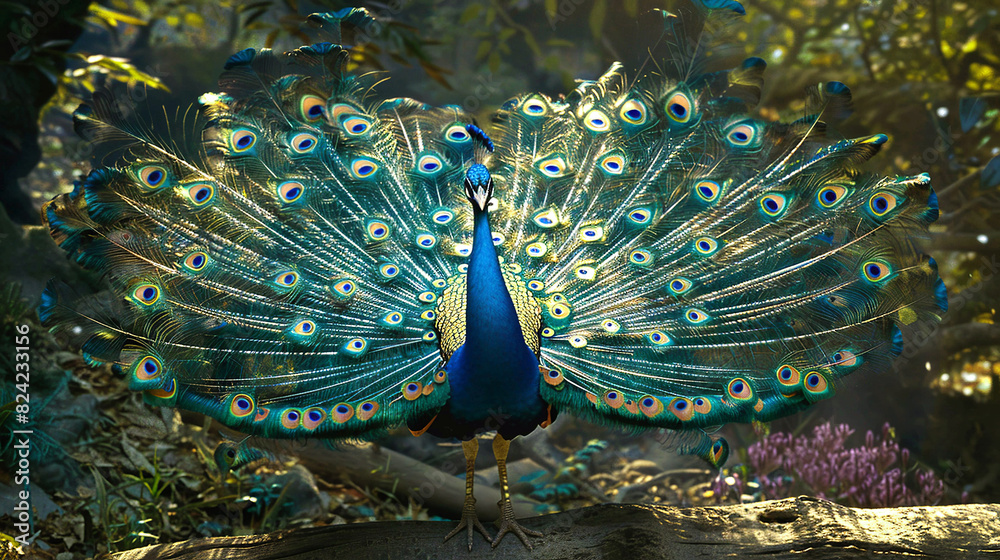 Obraz premium A beautiful blue and green peacock with a large, colorful head wallpaper