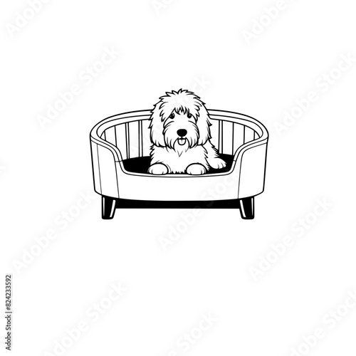 A cartoon old English sheepdog in a dog bed coloring page generative ai