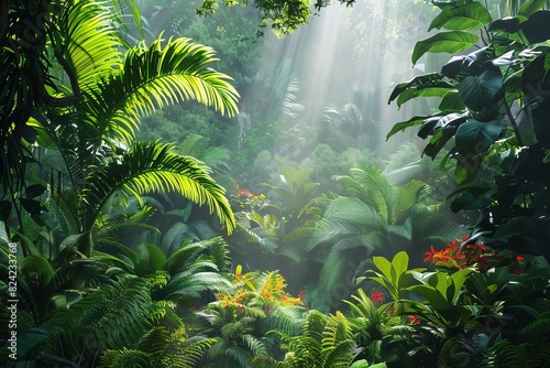 lush tropical jungle with dense foliage exotic flowers and wild animals immersive rainforest panorama