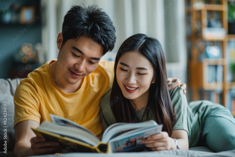 Attractive young couple in a library reading a book together Attractive young couple in a library reading a book together