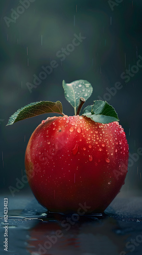 Vibrant Red Apple with Dew and Leaf on Blurred Background, Centered Composition