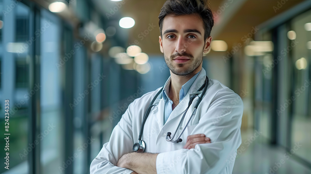 man doctor medic professional in white coat, stethoscope standing with arms crossed on chest looking at camera