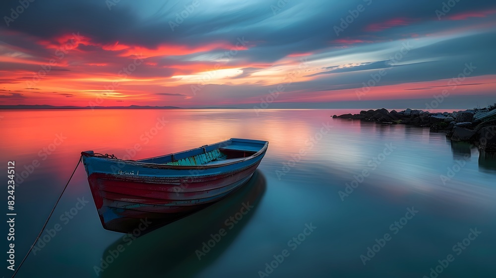 Fishing boat on Beautiful seascape sunset landscape, twillight. horizontal. wallpaper. 