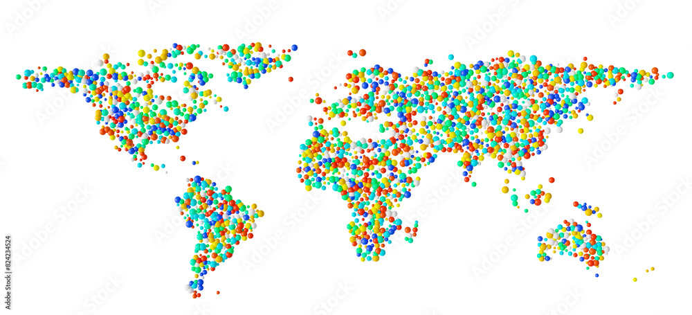 Fototapeta premium Funny World map filled with sphere of various colors. 3d rendering