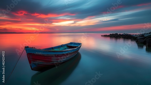 Fishing boat on Beautiful seascape sunset landscape  twillight. horizontal. wallpaper. 