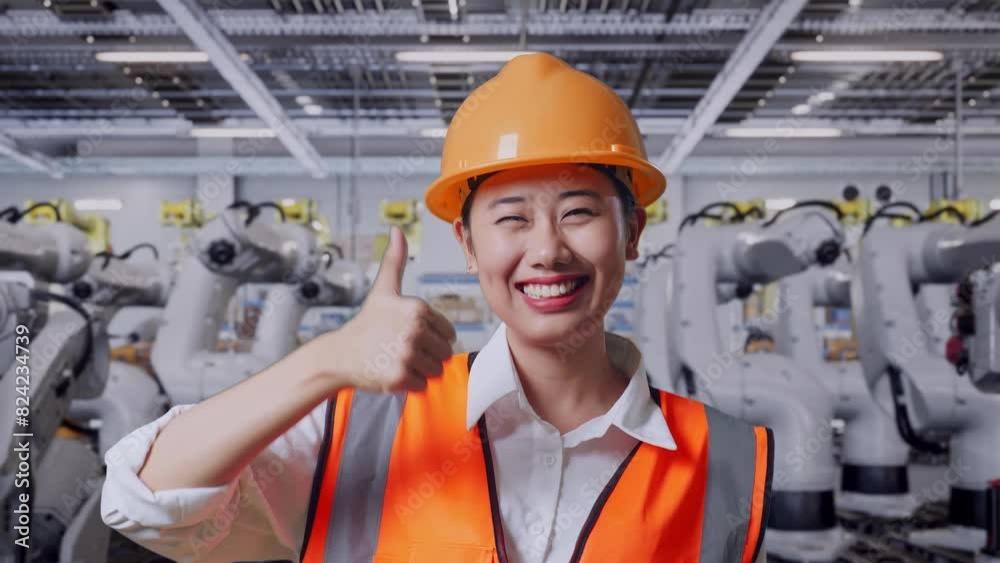 Close Up Of Asian Female Engineer With Safety Helmet Smiling And Showing Thumbs Up Gesture To The Camera While Standing With Robotic Arms Close Up Of Asian Female Engineer With Safety Helmet Smiling And Showing Thumbs Up Gesture To The Camera While Standing With Robotic Arms