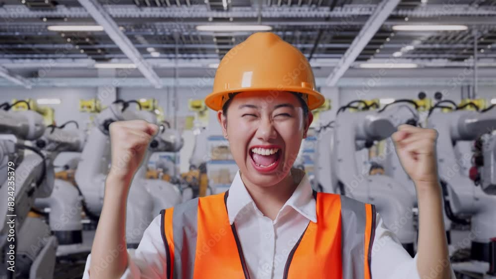 Close Up Of Asian Female Engineer With Safety Helmet Screaming Goal And Dancing Celebrating With Robotic Arms