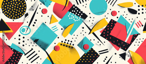 Abstract pattern with colorful geometric shapes and lines, including circles, triangles, squares, dots and irregular figures on a white background