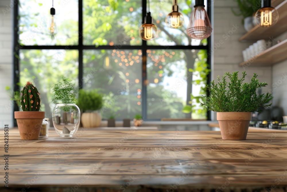 Kitchen table top for product display with blurred modern interior - generative ai Kitchen table top for product display with blurred modern interior - generative ai