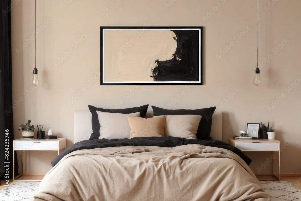 Abstract black oil painting in frame on empty beige wall of cozy bedroom Abstract black oil painting in frame on empty beige wall of cozy bedroom
