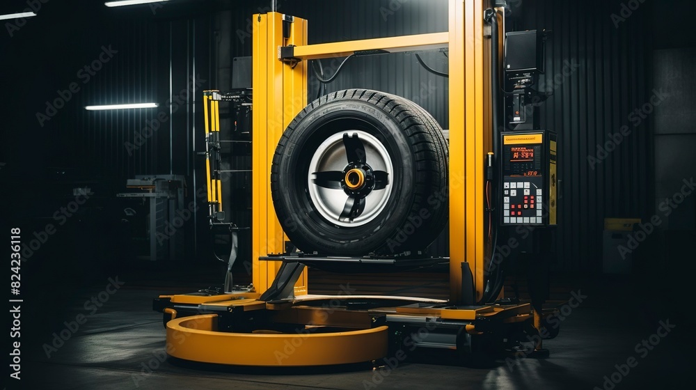 A photo of a well-maintained tire balancing machine. A photo of a well-maintained tire balancing machine.