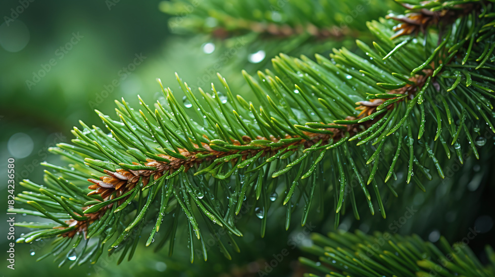 Close Up of Fir Tree Branch with Dewdrops Close Up of Fir Tree Branch with Dewdrops