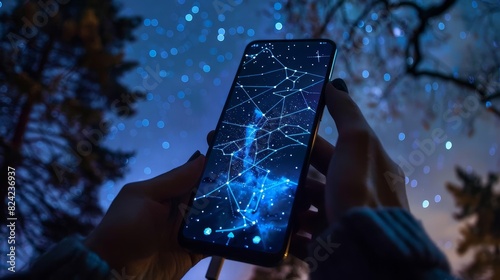 Illustrate a stargazing app on a smartphone, helping users identify stars and constellations in realtime as they look up at the night sky, Close up