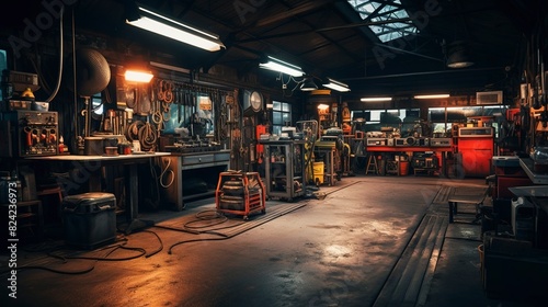 A photo of a well-organized auto repair workshop.