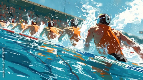 Illustrate a swimmer diving off the starting block into a pool, with water splashing and other competitors following, Close up photo
