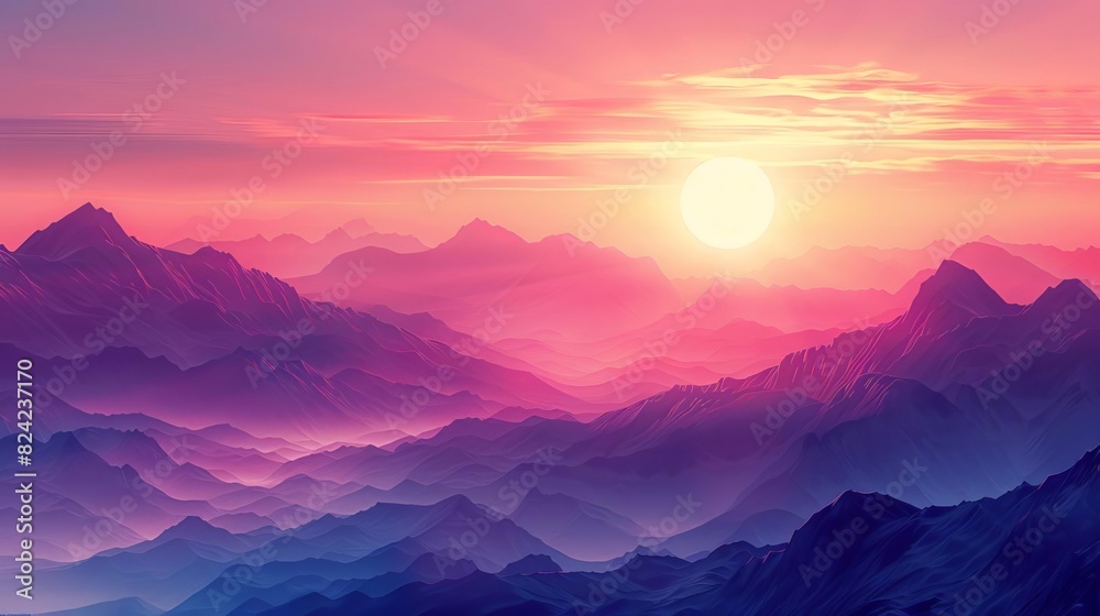 Illustrate a tranquil equinox sunrise over a mountain range, with equal parts of the landscape bathed in light and shadow, Close up Illustrate a tranquil equinox sunrise over a mountain range, with equal parts of the landscape bathed in light and shadow, Close up