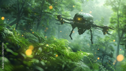 Illustrate a tiny, nanotechnologypowered drone conducting environmental monitoring in a forest, Close up