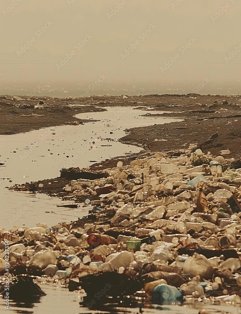A desolate landscape littered with plastic waste