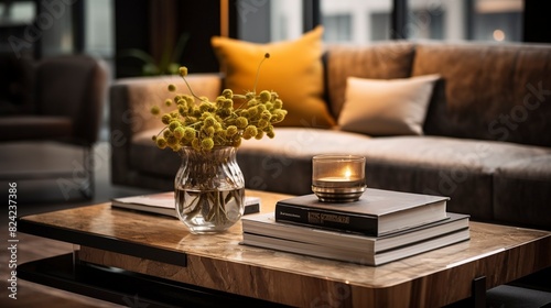 A photo of a well-styled coffee table with decor