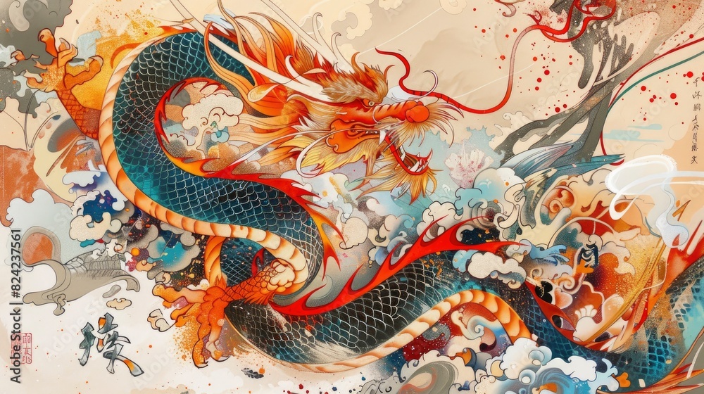 Obraz premium Symbol of strength, Patriotic Music, fantastical illustrations painted in a myriad of colors, traditional Japanese calligraphy, High-def 