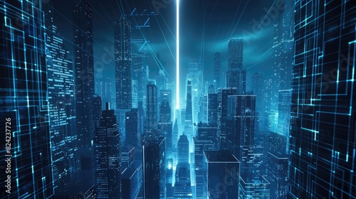 A futuristic cityscape with skyscrapers and digital data streams, illuminated by an ethereal blue light. The background is dark to highlight the glowing buildings and neon lights.  © akimtan