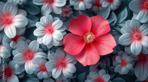 Fototapeta Naklejka Na Ścianę i Meble -  standing out from the crowd concept. Pink flower growing between many white flowers