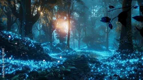An enchanted forest where reality and fantasy blend. As night falls, the bioluminescent flora begins to glow, creating a dazzling light. seamless looping time lapse animated video background photo