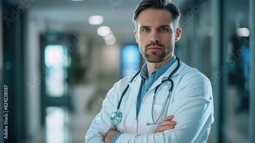 man doctor medic professional in white coat, stethoscope standing with arms crossed on chest looking at camera