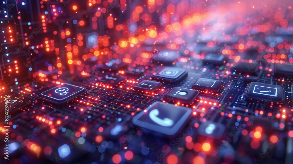 Close-up of glowing circuit board with digital communication symbols, emphasizing futuristic technology and connectivity
