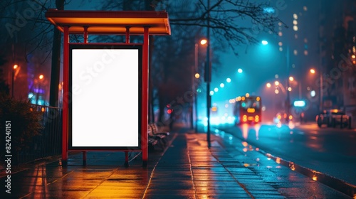 Empty Bus Stop with Blank Billboard at Night
