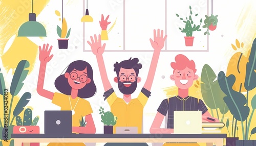 magine a flat design of employees smiling and highfiving in an office photo