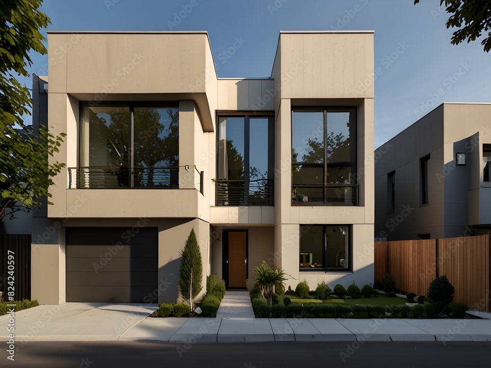 Modern townhouse with a sleek exterior and small garden, generative AI Modern townhouse with a sleek exterior and small garden, generative AI