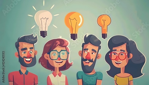 Visualize a flat design of coworkers sharing ideas with enthusiasm