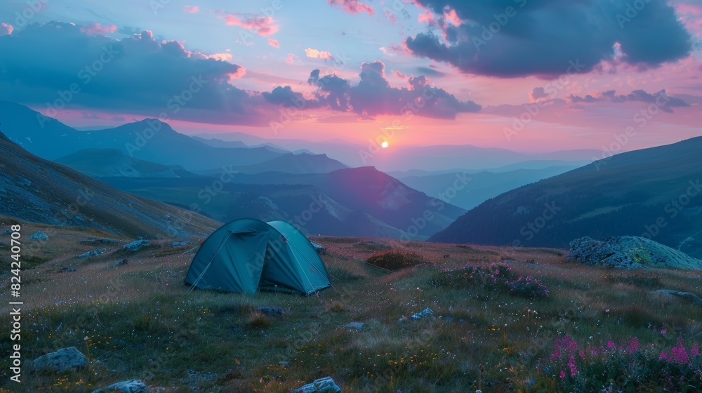 A small green tent is set up on a grassy hillside