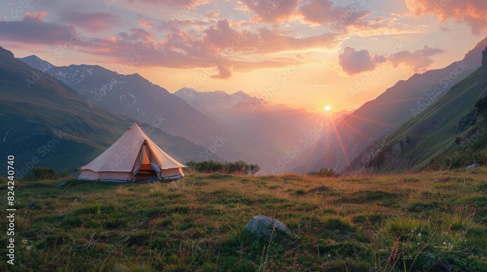 A small, round tent is set up in grassy field with a beautiful sunset in the background
