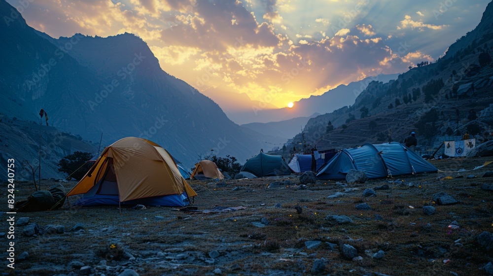 A group of tents are set up in a field, with the sun setting in the background