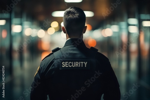 Police officer in uniform, back view of police officer, security guard with security label on vest