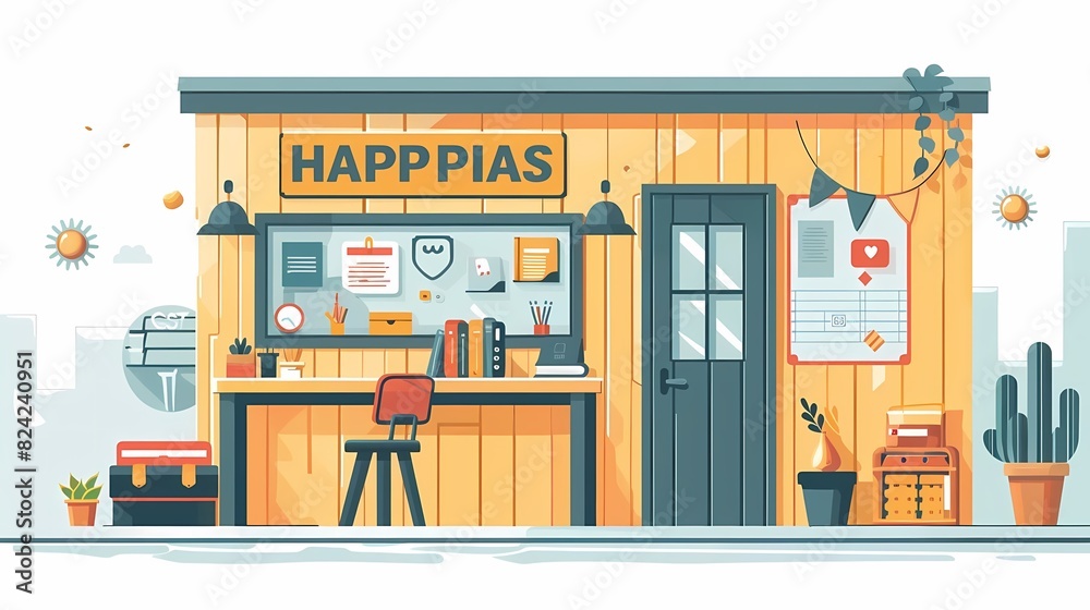 Imagine a flat design of a workspace with a Happy Place sign Imagine a flat design of a workspace with a Happy Place sign